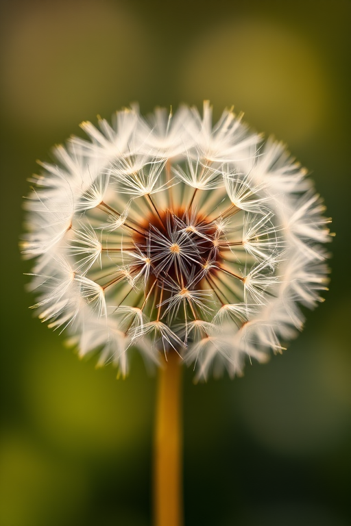 macro shot of a dandelion seed head with soft lighting, f/2.8 aperture, 1/200 sec shutter speed, ISO 100, taken with a full-frame DSLR camera, close-up view, natural bokeh background