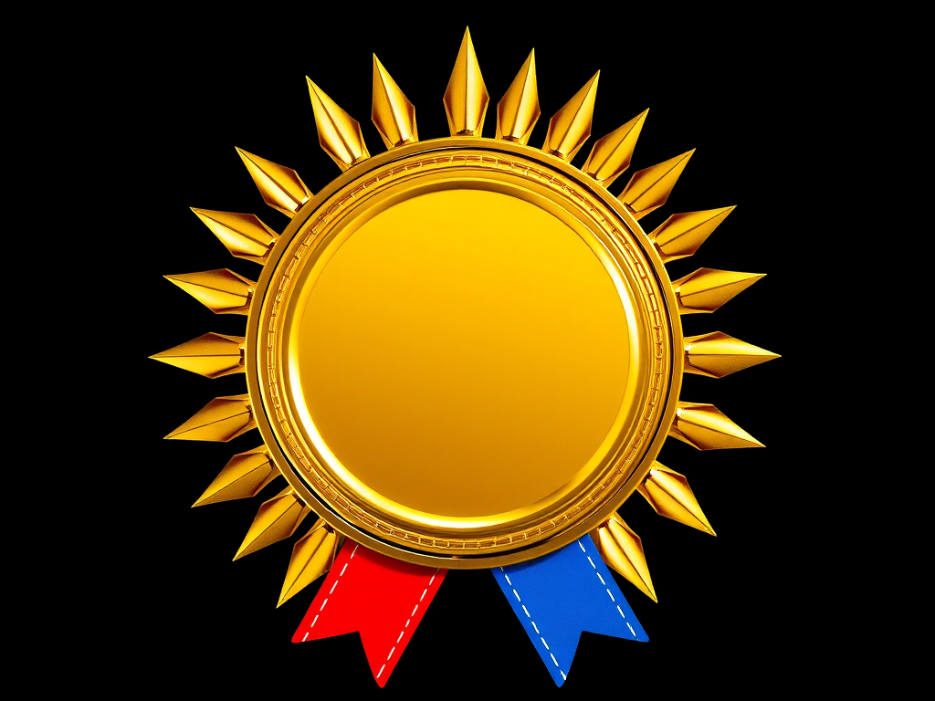 generate a shiny gold medal icon with pointed rays around the edge, featuring red and blue ribbons at the bottom, high resolution, 300 DPI, shot with a Canon EOS 5D Mark IV, aperture f/4, ISO 100, straight-on view with studio lighting for enhanced clarity