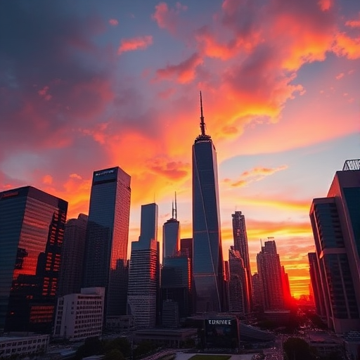 Create an image of a futuristic city skyline at sunset with vibrant colors, using a 35mm lens, f/2.8 aperture, ISO 200, and a high dynamic range style, shot from a low angle to emphasize the height of the skyscrapers.