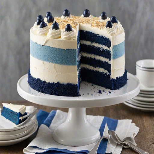 Create an image of a layered cake with dark blue sponge layers and white frosting. The cake should be displayed on a white pedestal plate, with a slice cut out to reveal the blue layers and white filling. Ensure the setting is bright and inviting, highlighting the texture of the cake and frosting.