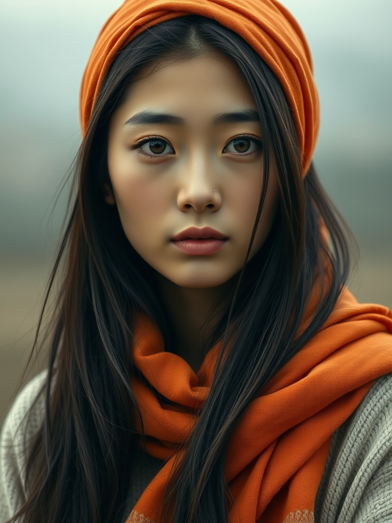 Create a portrait of a young Korean woman with long, dark hair and captivating hazel eyes. She is wearing a orange headscarf and a matching scarf draped gracefully around her neck. The background is softly blurred, focusing attention on her serene and natural expression. The overall color palette is muted and warm, enhancing the intimate and authentic feel of the portrait.