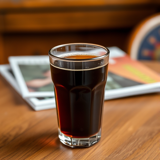 A glass of dark beverage on a wooden table with magazines in the background, shot with a 50mm lens, aperture f/1.8, ISO 200, natural light, soft focus, DSLR.