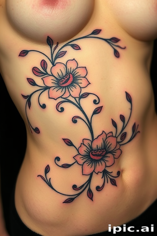 Elegant Art Nouveau tattoo wrapping around the ribcage, featuring flowing organic lines and stylized floral motifs, incorporating subtle color gradients and intricate details inspired by the classic art movement