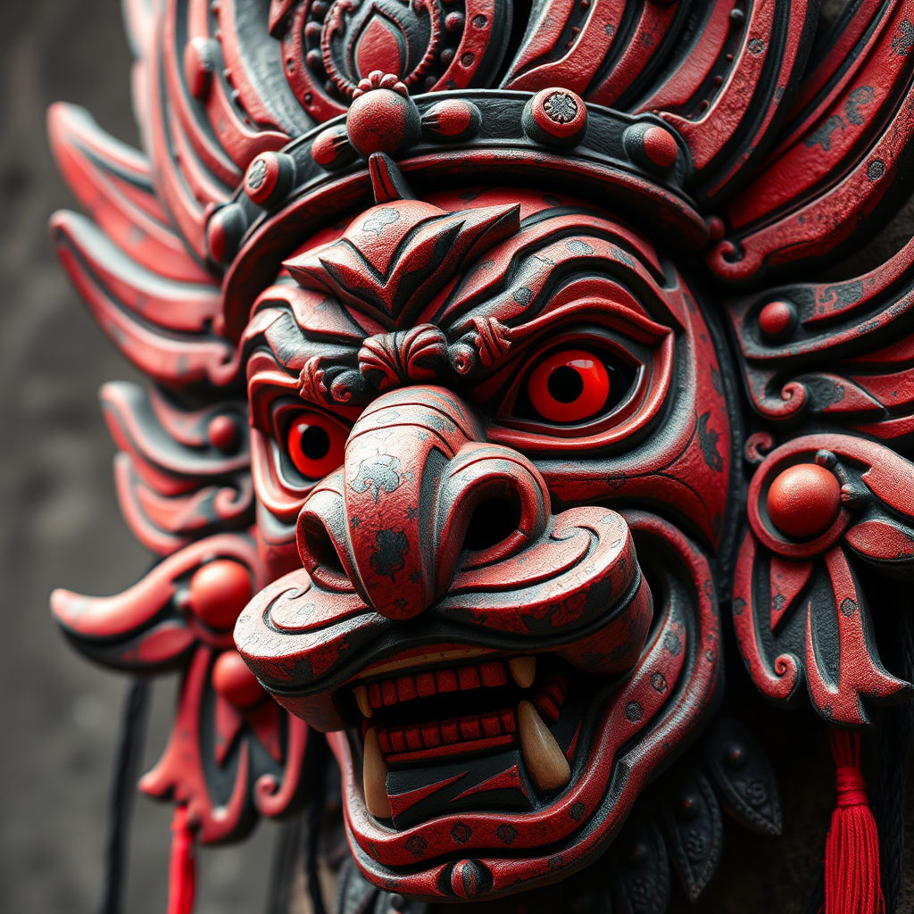 Create a high-resolution illustration of a traditional Balinese Barong mask featuring intricate details and bold red colors, captured with a DSLR camera at f/8 aperture, ISO 100, 50mm lens, in a close-up view with soft natural lighting to enhance texture and depth.