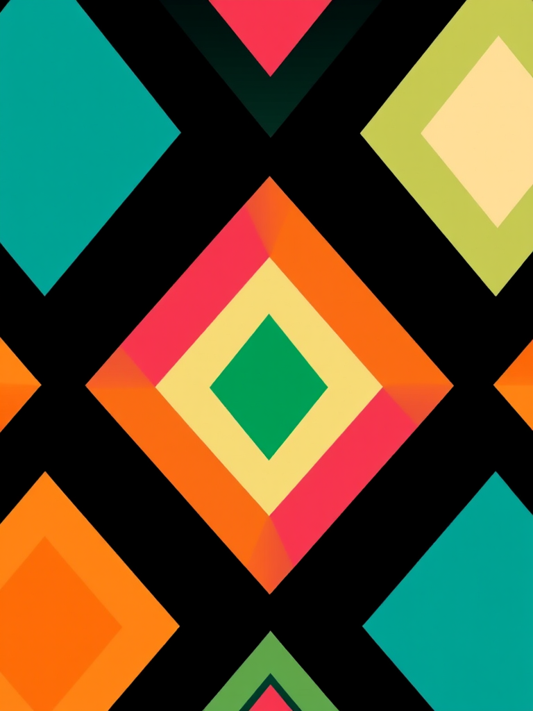 Create a vibrant geometric pattern with a diamond shape, using shades of teal, green, orange, pink, and cream on a black background, shot with a DSLR camera at f/8, ISO 100, 50mm lens, top-down view, high contrast, and in bright natural lighting.