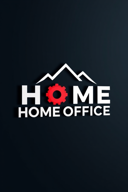 Create a high-resolution image of a logo featuring the text "HOME OFFICE" in a modern stylized font, with a simplified mountain silhouette and red gears integrated into the design, shot with a DSLR camera at f/2.8, ISO 100, 24mm lens, in a well-lit studio setting for enhanced clarity and color.