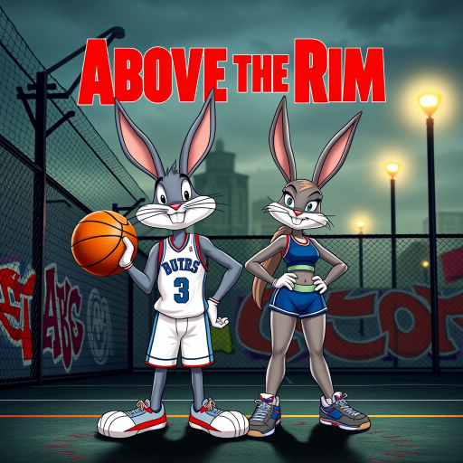 Design an Above the Rim poster featuring Bugs Bunny as Kyle and Lola Bunny as Shep. Bugs is dressed in a basketball jersey and shorts, holding a basketball with a confident expression, while Lola stands beside him in athletic gear, looking determined. The background features an urban basketball court with a wire fence, streetlights, and graffiti. The title "Above the Rim" appears in bold red letters at the top, keeping the original street basketball vibe