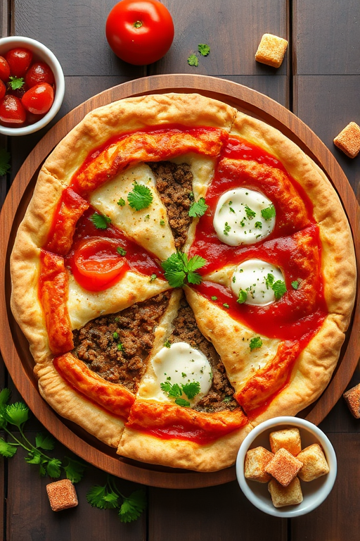 regenerate the image of a traditional Turkish pide served on a wooden platter with four different fillings including ground meat, cheese, and tomato sauce, alongside a bowl of colorful Turkish delights and garnished with fresh parsley, use a DSLR camera, 50mm lens, f/2.8 aperture, ISO 100, natural light, top-down view for enhanced clarity and color vibrancy