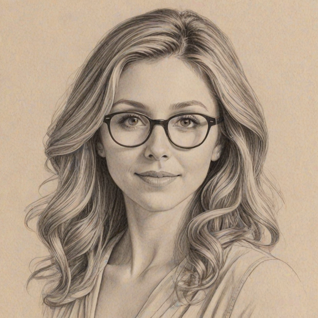 Elegant Sarah Chalke, pencil sketch, portrait of Enchanting woman 1976s in glasses, hair style beatnik, outline, clear lines, fine lines, 8k