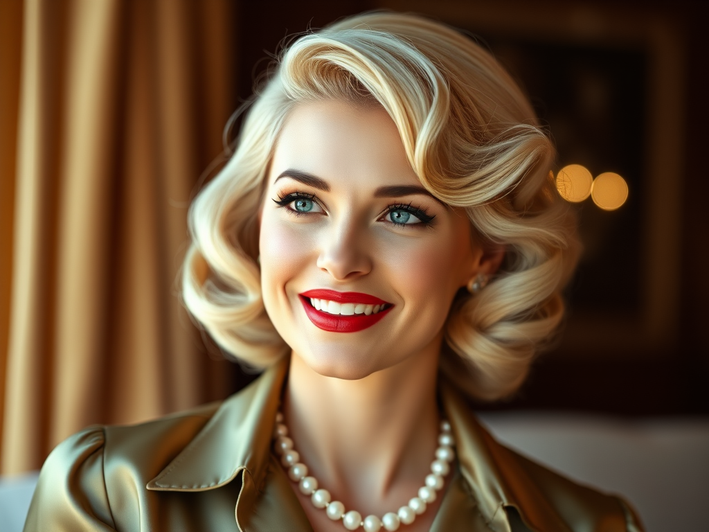 A beautiful taino woman reminiscent of 1950s Hollywood glamour, with perfectly styled blonde hair and a seductive smile, dressed in a satin blouse and adorned with pearls, soft and warm tones, photorealistic, 8K