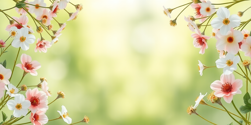 Floral frame with soft pastel colors and a subtle green background, high-resolution photography, DSLR camera, aperture f/2.8, focal length 50mm, natural lighting, shallow depth of field.