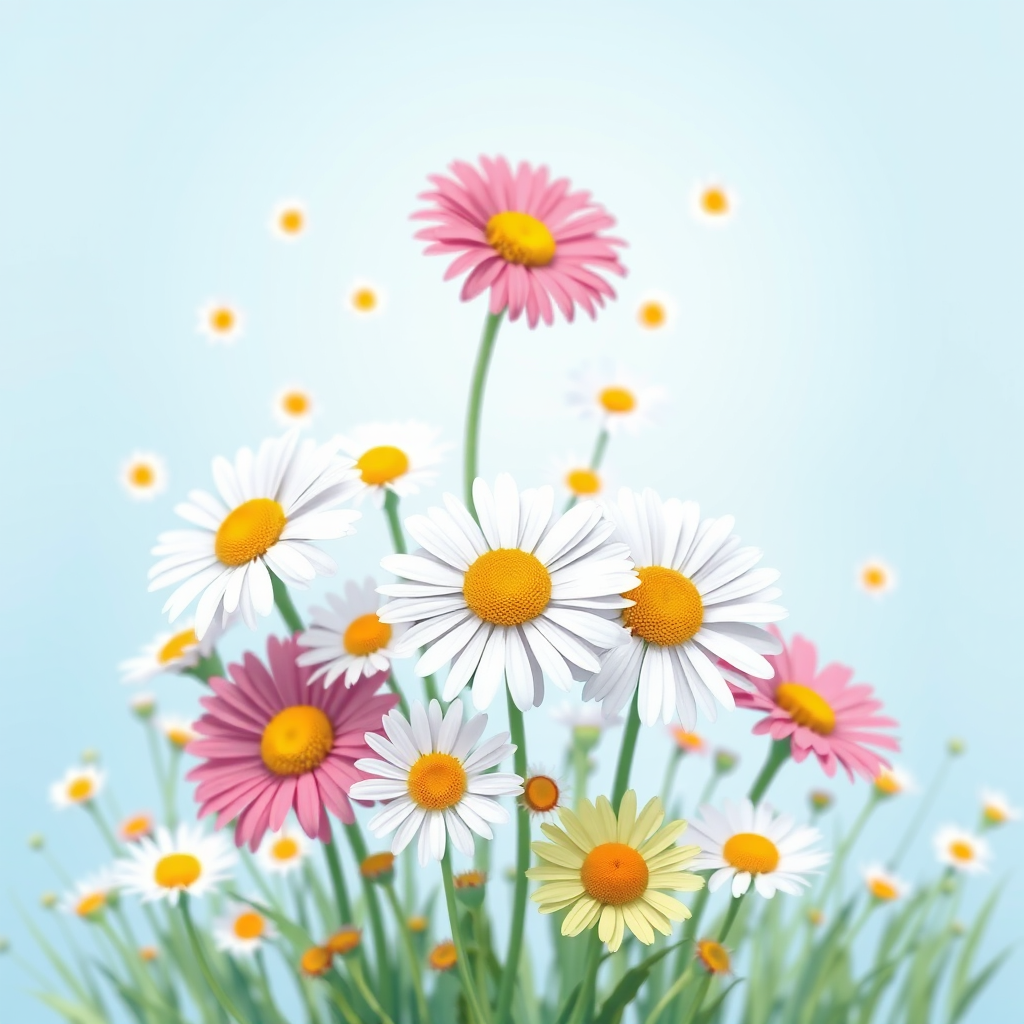 Create a vibrant illustration of daisies scattered against a soft blue background, using a DSLR camera with an aperture of f/2.8, a shutter speed of 1/200s, and a focal length of 50mm, in a macro photography style for enhanced detail and depth.