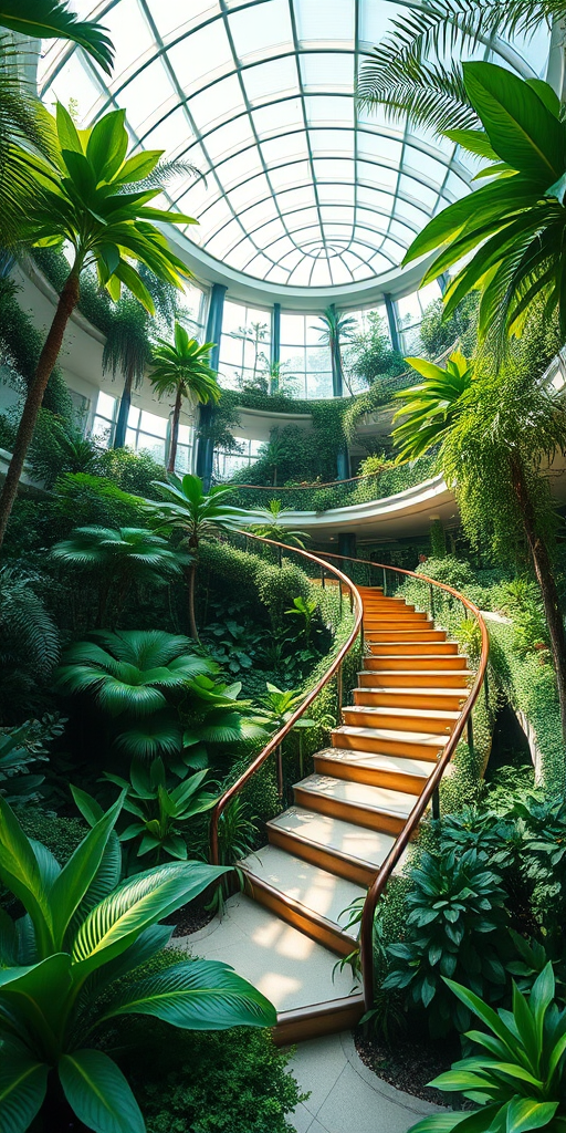 Create an ultra-realistic image of a futuristic indoor garden with a winding staircase surrounded by lush greenery, captured with a Canon EOS R5, 24mm lens, f/2.8 aperture, ISO 100, in natural light, wide-angle view, emphasizing depth and clarity.