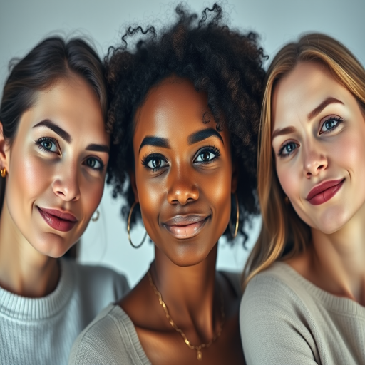 portrait of three women with natural expressions in soft lighting, shallow depth of field, 85mm lens, aperture f/1.8, ISO 200, high dynamic range, soft focus, taken with a full-frame DSLR, studio setup with plain backdrop
