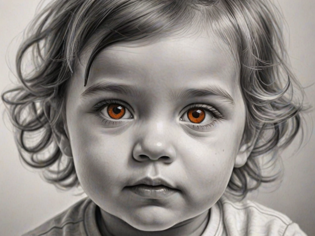 A hyperdetailed photorealistic black and white sketch of a beautiful toddler with deep orange eyes, with a macro focus