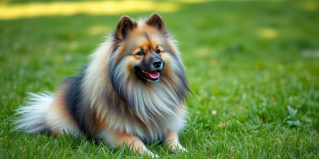 A fluffy Keeshond dog sitting on grass with a lush green background, captured in soft natural light, using a DSLR camera with a 50mm lens, aperture f/2.8, ISO 100, and a shallow depth of field for a blurred background effect.
