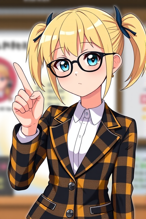 Generate a high-resolution image of an animated character with blonde pigtails, wearing a black and yellow plaid blazer over a white shirt, with glasses, pointing with one finger; camera settings: f/4, ISO 100, shutter speed 1/125s; camera view: medium close-up; camera style: vibrant colors and sharp focus; camera type: DSLR.