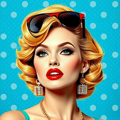 Create a vibrant pop art illustration of a glamorous woman with blonde hair and red lipstick, wearing bold accessories, against a bright blue polka dot background, captured with a Canon EOS R5, using a 50mm f/1.2 lens, with a shallow depth of field and bright, saturated colors.
