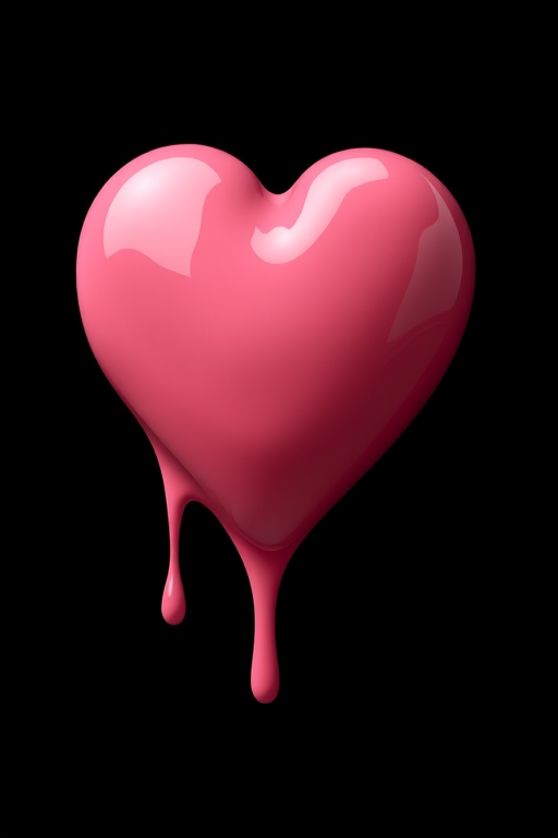 Create a dripping heart illustration with a glossy finish, medium pink color, on a solid black background, taken with a DSLR camera at f/2.8 aperture, ISO 100, 50mm lens, shooting from a top-down view for high detail and vibrant colors.