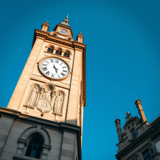regenerate an image of a historic clock tower in a clear blue sky, capturing intricate architectural details, using a DSLR camera with a 35mm lens, aperture set to f/8, ISO 100, and a slight tilt-shift effect for depth.