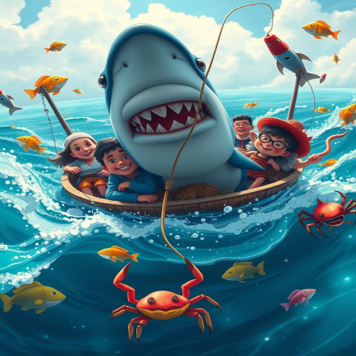 Create a vibrant cartoon scene of a fishing excursion featuring a diverse group of characters in a small boat surrounded by a playful ocean, emphasizing a large shark with a hooked lure, colorful fish, and a crab, using a Canon EOS R5, with a 24-70mm f/2.8 lens, f/8 aperture, 1/250 shutter speed, and ISO 100 for high clarity and detail, in a wide-angle view for added depth.