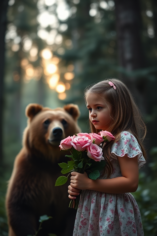 Create an image of a young girl holding a bouquet of roses with a grizzly bear standing beside her in a lush, dimly lit forest, captured with a Canon EOS R5, 50mm f/1.2 lens, aperture f/1.8, ISO 100, at dusk for soft natural lighting and shallow depth of field.