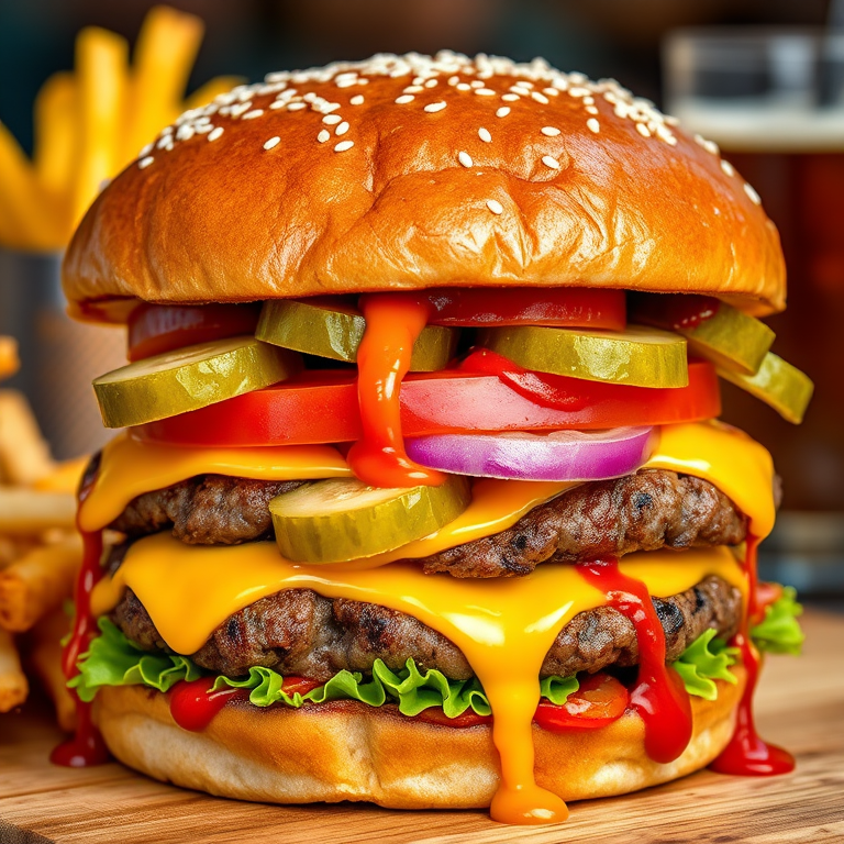 High-resolution, close-up image of a gourmet double cheeseburger. The burger features a glossy, sesame-seed-topped brioche bun. Inside, there are two thick, juicy beef patties, each topped with melted cheddar cheese. The burger is garnished with fresh lettuce, tomato slices, diced onions, and pickles. A generous amount of ketchup and a creamy, orange-colored sauce is dripping down the sides, adding to the mouth-watering appeal. In the background, there are blurred elements including a side of golden French fries and a hint of a beverage, enhancing the overall presentation of a delicious meal.