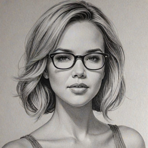 Wonderful Arielle Kebbel, pencil sketch, portrait of Exquisite woman 1971s in glasses, hair style beatnik, outline, clear lines, fine lines, 8k
