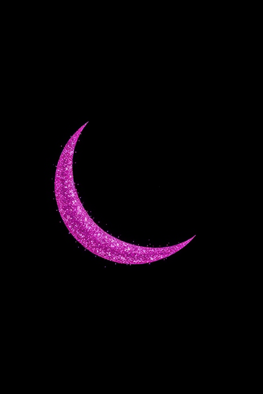 create a sparkling magenta crescent moon on a black background, captured with a DSLR camera at f/2.8 aperture, ISO 100, 50mm lens, portrait view, soft lighting to enhance the glitter effect
