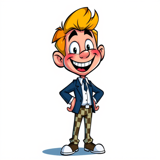 Create a colorful cartoon illustration of a cheerful character with exaggerated features, wearing a suit and checkered pants, standing confidently with hands on hips, captured in a vibrant digital art style, using a 50mm lens, f/8 aperture, and ISO 100 settings.