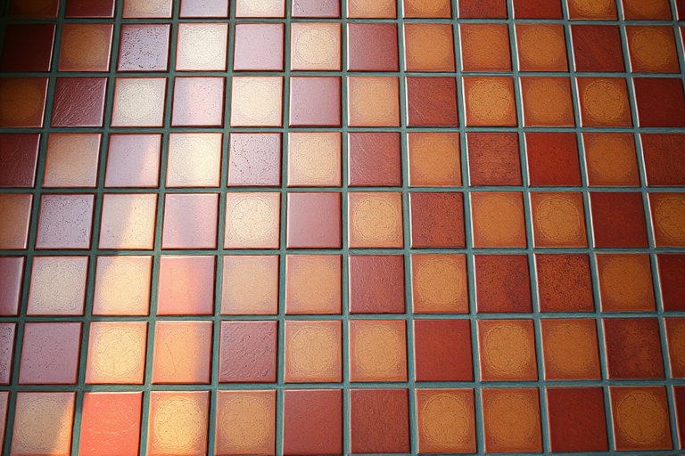generate a highly detailed image of a tiled floor with red and brown square tiles arranged in a grid pattern, soft natural lighting, DSLR camera, f/8 aperture, 50mm lens, ISO 100, 1/125s shutter speed, top-down view, focus on texture and color variations
