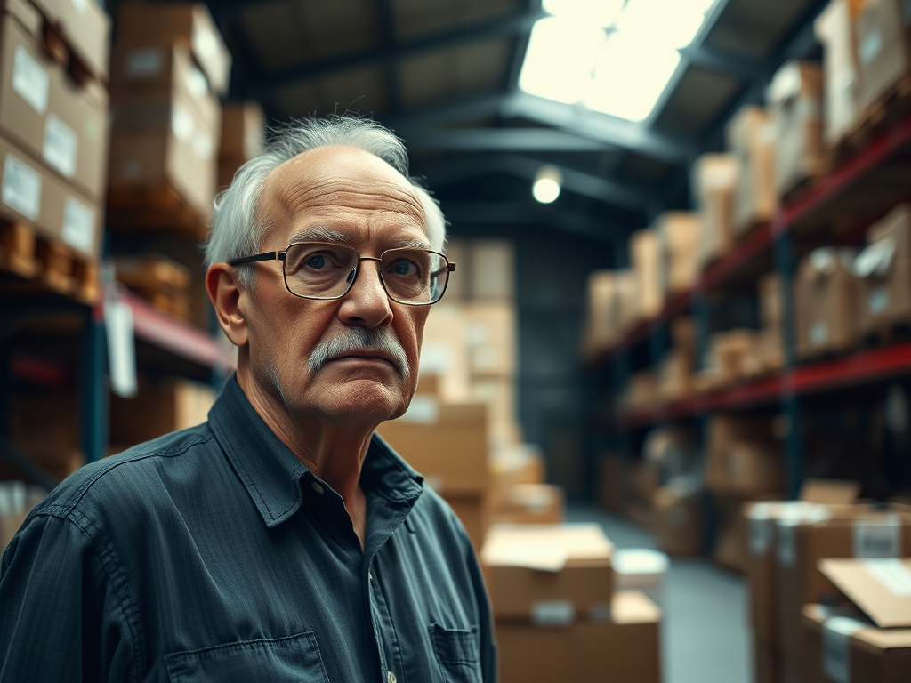 an elderly man with glasses standing in a dimly lit warehouse filled with cardboard boxes, soft natural lighting, shallow depth of field, 50mm lens, f/1.8, ISO 400, 1/100s, captured with a DSLR camera