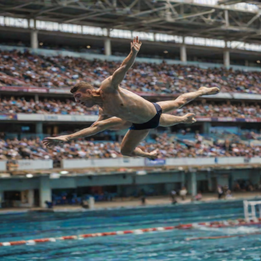 Blurry action shot of a diver leaping off a high platform, the water below rippling, distant spectators watching from the stands, and the intense focus on the grace and speed of the motion.