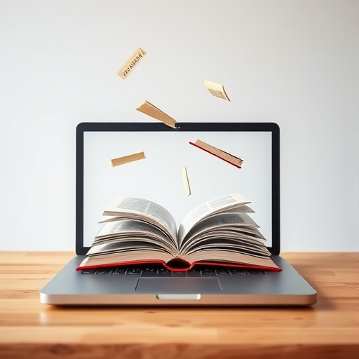 Create a high-resolution image of an open laptop displaying floating books above the screen in a minimalist style, shot with a Canon EOS R5, 50mm lens, f/1.8 aperture, ISO 100, in a well-lit studio setting with a soft background blur.
