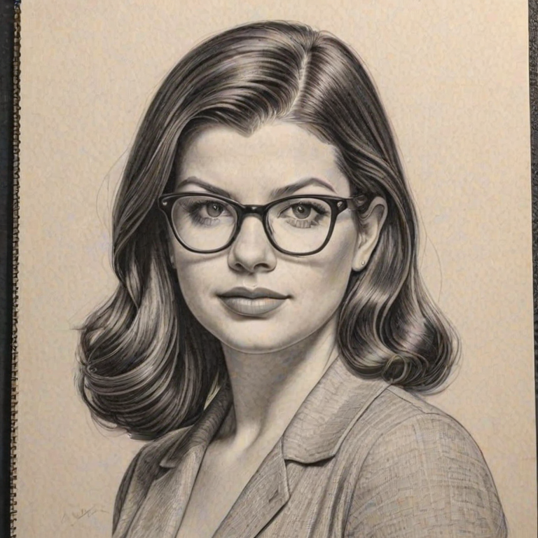 Exquisite Casey Wilson, pencil sketch, portrait of Fascinating woman 1939s in glasses, hair style beatnik, outline, clear lines, fine lines, 8k