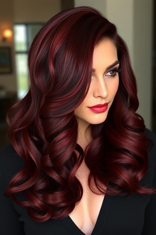 Deep burgundy hair styled in glamorous Old Hollywood waves with a deep side part exemplifies the classic "Vintage Velvet" look, incorporating subtle mahogany lowlights and a high-shine finish that adds depth and richness to the luxurious, ruby-red hues, evoking a sense of timeless elegance and sophistication