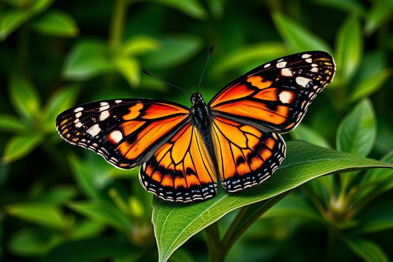 Create an image of a butterfly perched on a green leaf. The butterfly should have vibrant orange and black wings with white spots, showcasing intricate details and patterns. Surround the butterfly with lush green foliage to enhance its natural habitat. The background should be softly blurred to emphasize the butterfly in the foreground.