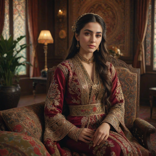 A beautiful Armenian woman in traditional East Asian attire, intricately detailed with embroidered patterns, sitting gracefully in a richly decorated room, soft ambient lighting, serene and elegant, ultra-realistic, 8K resolution