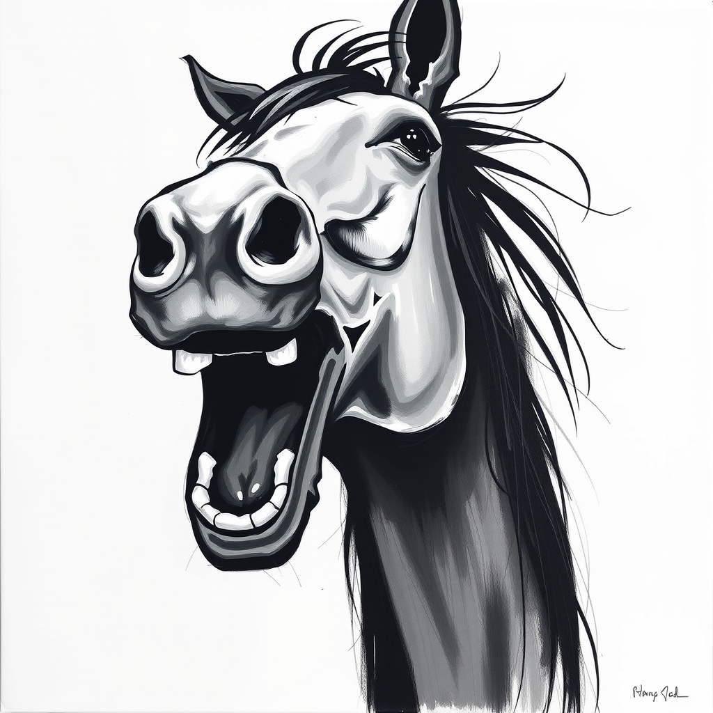 Abstract black and white acrylic portrait of an over exaggerated laughing (horse). Minimalism style. White background.