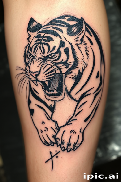 Sketch-style tattoo resembling a charcoal drawing of a fierce tiger, rough and expressive linework, smudged shading techniques, dynamic pose capturing movement and power