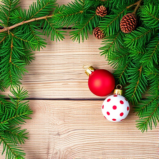 Create an image of a rustic wooden table surrounded by green pine branches. Include a few pine cones and two Christmas ornaments: one red and one white with polka dots. The composition should have a cozy, festive feel, with a natural wood texture as the background.