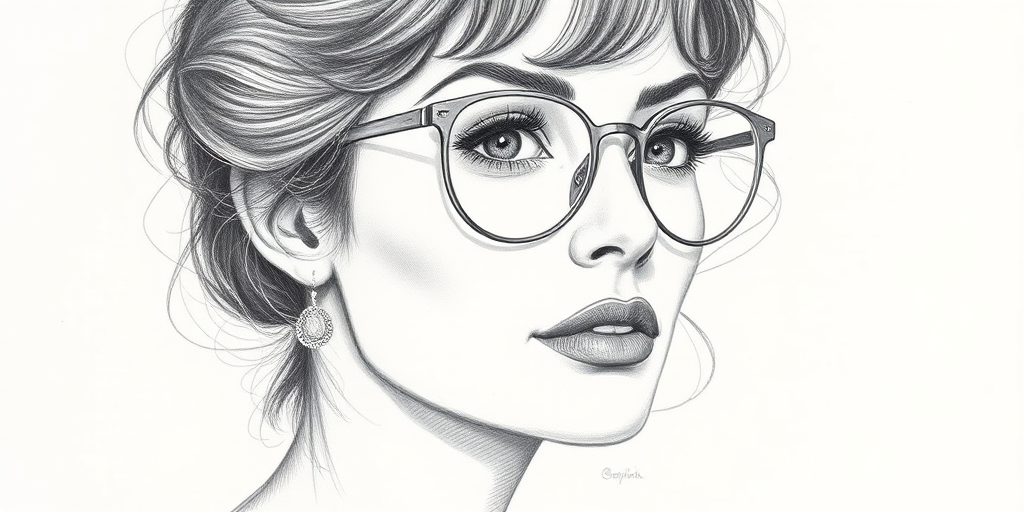Beautiful Sophia Loren, pencil sketch, portrait of beautiful woman 60s in glasses, hair style beatnik, outline, clear lines, fine lines, 8k