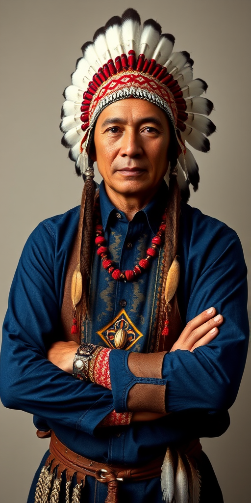 Create a dignified portrait of a Native American man dressed in traditional attire. He wears a beautifully crafted headdress adorned with white feathers and red beads, along with a beaded headband featuring intricate patterns. His clothing includes a deep blue, patterned shirt and a traditional chest piece with detailed beadwork. His arms are crossed, displaying leather armbands decorated with feathers. The background is simple and neutral, emphasizing his proud and stoic expression. The overall image captures the rich cultural heritage and strength of his persona.