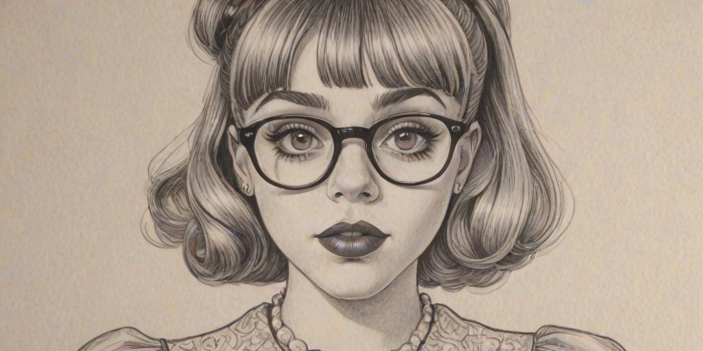 Magnificent Melanie Martinez, pencil sketch, portrait of Enticing woman 1934s in glasses, hair style beatnik, outline, clear lines, fine lines, 8k