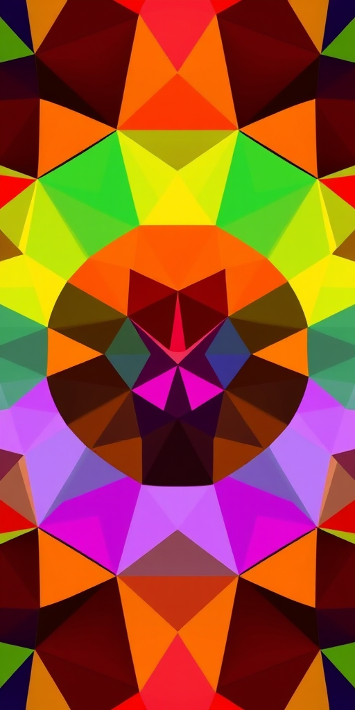 Create a high-resolution geometric pattern featuring a colorful hexagon filled with vibrant triangles in a spectrum of red, orange, yellow, green, blue, and purple, shot with a DSLR camera at f/8, ISO 100, and a focal length of 50mm, using a macro lens for enhanced detail and color accuracy.