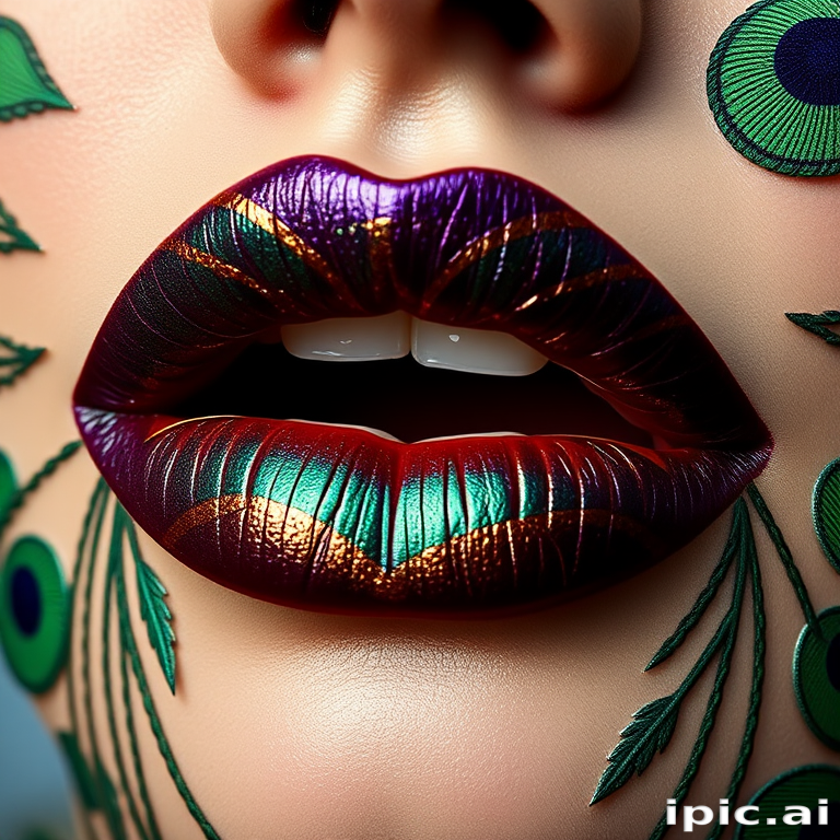 Exotic peacock-inspired lips showcasing rich jewel tones of emerald, sapphire, and amethyst with a metallic sheen and intricate feather-like patterns
