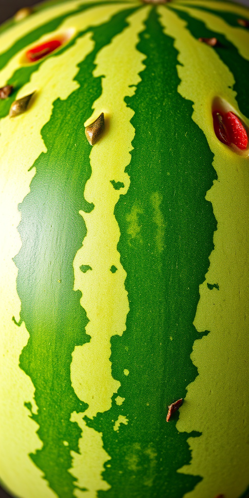 Create a high-resolution illustration of a watermelon with a glossy finish, captured using a DSLR camera at f/8 aperture, 1/100 sec shutter speed, and ISO 100, with a close-up view and soft natural lighting to enhance texture and color vibrancy.