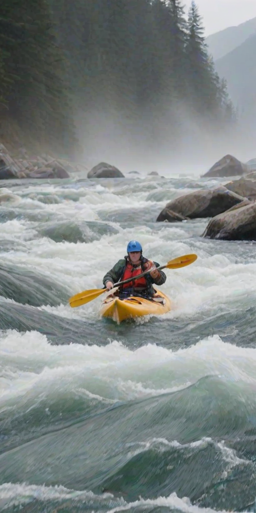 Blurry action shot of a kayaker navigating through whitewater rapids, water splashing up from the sides of the kayak, with distant mountains barely visible through the mist and soft light from an overcast sky.