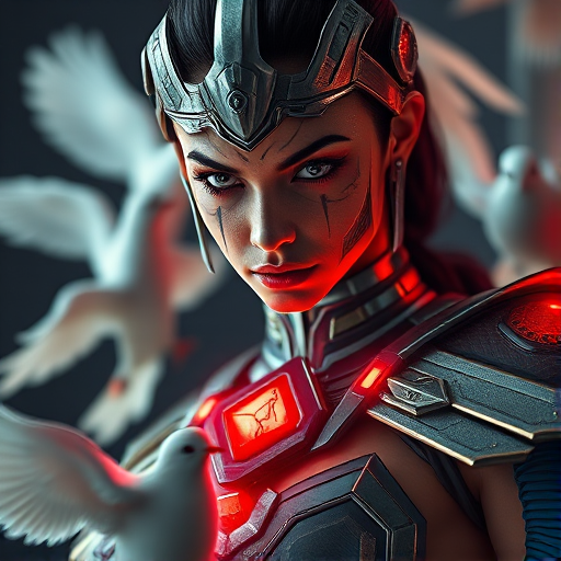 Create a high-resolution portrait of a futuristic warrior woman with intricate facial markings and metallic headgear, a glowing red element on her chest, surrounded by soft white doves, taken with a Canon EOS R5 at f/1.8, ISO 100, 50mm lens in portrait mode, featuring dramatic lighting and vibrant colors to enhance details and depth.