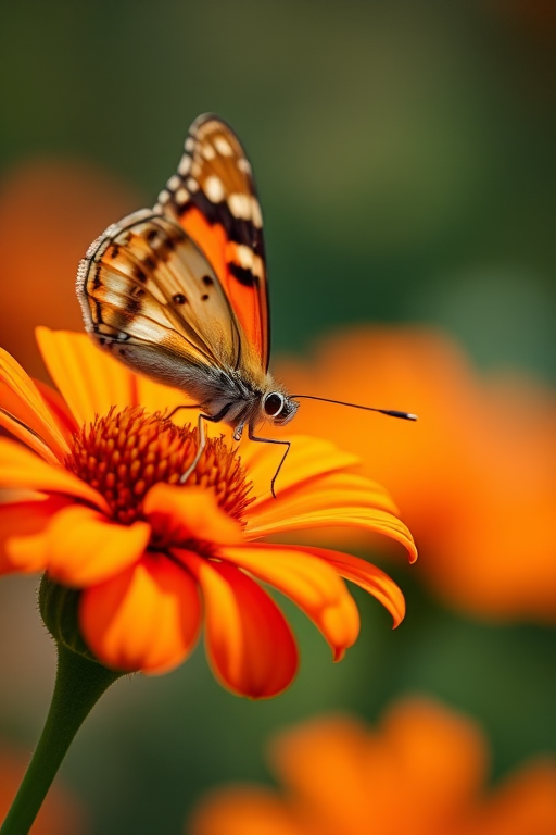 Close-up of a butterfly perched on an orange flower with a blurred background, f-stop 2.8, shutter speed 1/200, ISO 100, taken with a macro lens on a DSLR camera, natural light, shallow depth of field, vibrant colors.